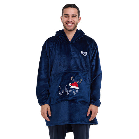 Snuggs Blanket Hoodie Dark Blue Christmas Ho Ho Ho Pocket